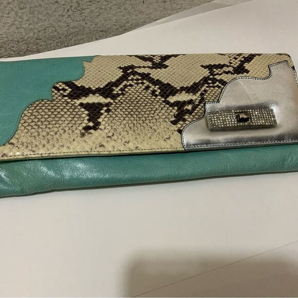 Python Snakeskin Tourquoise Rhinestone Leather purse shoulder clutch wristlet - Picture 4 of 11